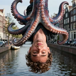 closeup portrait of a man held upside down by a giant kraken tentacle in an amsterdam canal, huge kraken, photograph, natural light, sharp, detailed face, magazine, press, photo, steve mccurry, david lazar, canon, nikon, focus