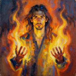 abstract painting of man on fire. Handsome. Long hair. portrait. ArtStation. Impressionist