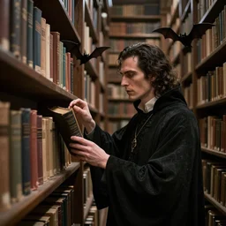 enormous library, dracula searches the books intently, bats, franklin booth