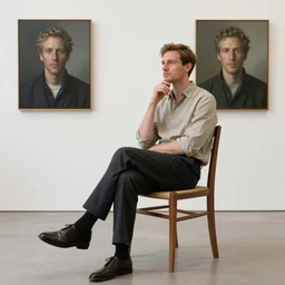 portrait of a morphed painter sitting in a chair contemplating, art by james jean and luc tuymans and vincent lefevre and hernan bas and pat steir and hilma af klint, psychological, dripping paint, high quality render, cg society contest winner, retrofuturism, masterpiece