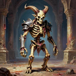 A little vibrant. A spiked horned detailed semiork-semihuman skeleton with armored joints stands in the cavernous corridors of the palace with a pebble in hands and toes. Wearing massive shoulderplates. Extremely high details, realistic, fantasy art, solo, masterpiece, bones, ripped flesh, colorful art by Zdzisław Beksiński, Arthur Rackham, Dariusz Zawadzki, Harry Clarke