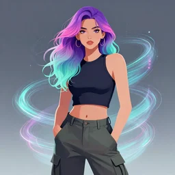 a award winning half body portrait of a beautiful woman in a croptop and cargo pants with ombre purple pink teal hairstyle and hands in pockets, surrounded by whirling illuminated lines, outrun, vaporware, shaded flat illustration, digital art, trending on artstation, highly detailed, fine detail, intricate