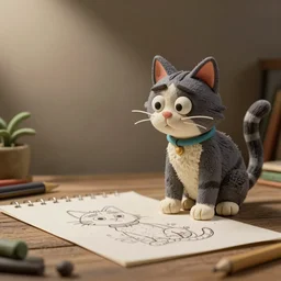 a cat drawing a picture, claymation, by nick park