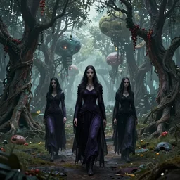 sci - fi, bene gesserit witches, walking between strange alien fruit trees, art by