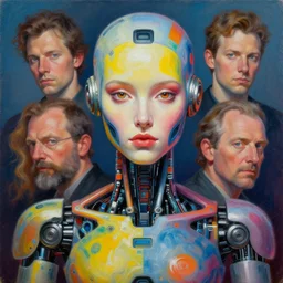 bust portrait of psychedelic robot, beautiful colours, sharp textures, biotechnology, nikolay georgiev, alex ross, bruce pennington, donato giancola, larry elmore, masterpiece, oils on canvas, trending on artstation, featured on pixiv, cinematic composition, sharp, details, hyper - detailed, hd, hdr, 4 k, 8 k