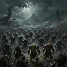 war between human and orc, masses marching to war, end of the world, ominous, haunting, concept art, most popular of all time on artstation, by ted nasmith, ralph horsley