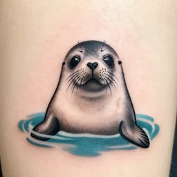 tattoo design, stencil, a cute seal with big eyes poking it's face up out of water