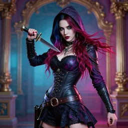 photorealistic portrait of a fighting, beautiful, female assassin warrior, holding dagger in right hand, goth punk, vibrant colors, surreal, a french baroque by by alexander mcqueen, octane render, hyper detailed, cinematic lighting
