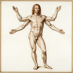 anatomy diagram of a four-armed man, by Leonardo da Vinci, very detailed, historical,