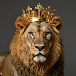 high quality studio photography of a lion wearing ancient gold crown, solid background