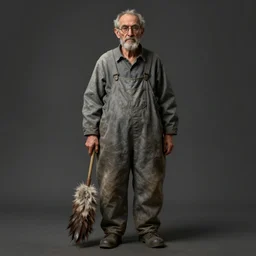 full - length portrait painting of an old wizened stooped man wearing glasses and shapeless long grey overalls which go down to his ankles with his feather duster under his left arm octane render, highly detailed by giuseppe arcimboldo alan lee james gurney
