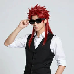 photorealistic young man with red spiked long hair, using googles. Wearing black waistcoat, white shirt. rockstar. dynamic lightning. rpg portrait