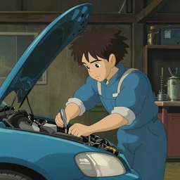 a wholesome animation key shot of a focused auto mechanic repairing  a metallic blue car in the workshop garage, medium shot, waist up, studio Ghibli, Pixar and Disney animation, sharp, Rendered in Unreal Engine 5, anime key art by Greg Rutkowski, Bloom, dramatic lighting