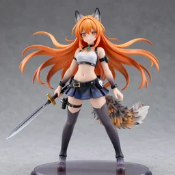 A nendoroid of a wolf girl with orange hair, by Peter Mohrbacher and Craig Mullins, full shot, official media, beautiful, detailed, high quality, wallpaper 4K, epic, trending on artstation and behance, dynamic lightning
