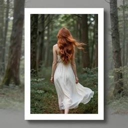 a woman seen from behind from far away with copper hair and a flowing sundress dreaming in a forest, fine details by realistic shaded lighting poster by ilya kuvshinov katsuhiro otomo, magali villeneuve, artgerm, jeremy lipkin and michael garmash and rob rey, art nouveau, alphonse mucha, william - adolphe bouguereau, golden hour