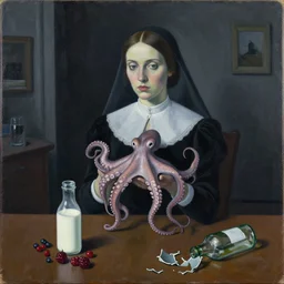 a portrait in a dark apartment, a widow holding an octopus, milk, berries, broken bottles, metaphysical, neo - expressionism, surrealism, acrylic and spray paint and oilstick on canvas