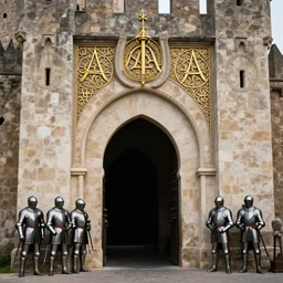 photo of an ancient castel entrance, illuminati signs, armorers, sharp focus, volumetric light, intricate details, ( ( ( gold intricate ) ) ) photorealism, depth of field, crisp, hasselblad camera, by annie leibovitz and moebius, unreal engine
