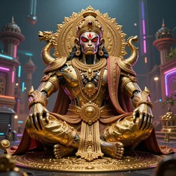 high quality 3 d render brutalist cyborg! hanuman sitting, gold madhubani, highly detailed, cyberpunk!! mumbai in the background, unreal engine cinematic smooth, szukalski & blade runner, moody neon light, low angle, uhd 8 k, sharp focus