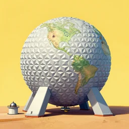 illustration of walt Disney building a model of Spaceship Earth from Epcot, solid color background, in the style of a 1950s travel poster illustration
