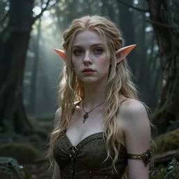 portrait of grimes as an elf, fantasy rpg, dark woods in the background, light rays peaking through the tree, 8 k, very detailed, photo realism, artstation, art by helena fantasy art