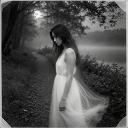 a double exposure of a beautiful side view portrait from above of a mystical young woman looking down, apparition, transparent, ghostly, white dress, motion blur, with a landscape photo of a misty night forest, muted tones, forest trail, lake, dappled moonlight, black and white damaged photo