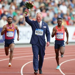photo of the finish line as prince charles wins the 1 0 0 metres sprint in new world record