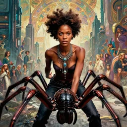 realistic detailed closeup portrait movie shot of a beautiful black woman riding a giant spider, dystopian city landscape background by denis villeneuve, amano, yves tanguy, alphonse mucha, max ernst, ernst haeckel, kehinde wiley, caravaggio, jean delville, david lynch, edward robert hughes, roger dean, cyber necklace, rich moody colours, sci fi patterns, wide angle