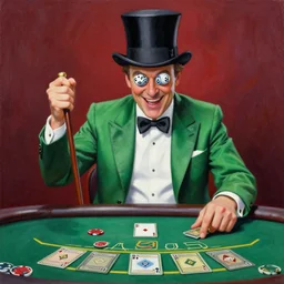 acrylic painting of a gambler at a casino, he has a green jacket and top hat, he has 8 balls for eyes, holding a cane, joyous, playing blackjack, mtg, painted by seb mckinnon, painted by alex horley