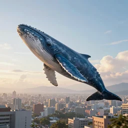 a huge blue whale is flying high in the sky above a city, epic, surreal, cinematic shot, golden hour, artstation, deviantart, dreamy atmosphere, high definition