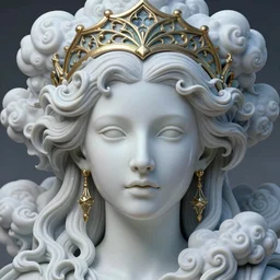 detailed realistic face portrait octane render, artwork by james jean, chiara bautista, smooth polished matte porcelain, queen of futility, jean delville, art nouveau, james jean spiraling clouds, ornate metal gothic icon heavy patina, joy, delicate, enchanting, otherworldly, whimsical, ethereal, mythology, magical, surreality