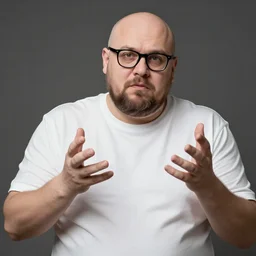 a fat bald man with 5 o'clock shadow, wearing glasses and white t - shirt, conducting business, insecure