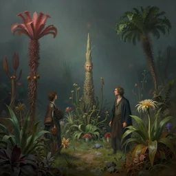 beautiful rendering of exotic plants by daniel merriam and karol bak and martin johnson heade, xenoplanet by roger dean and moebius, at night, ( ( ( misty atmosphere ) ) ), mantra rendering, matte painting, high detailed, 4 k, trending on artstation