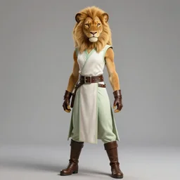 beautiful portrait of a female anthropomorphic lioness princess fursona wearing sleeveless pale - white and pale - green jedi tunic. leather gloves. leather boots. leather belt. character design by charlie bowater, ross tran, artgerm, and makoto shinkai, detailed, soft lighting, rendered in octane