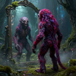 beautiful digital fantasy illustration of a creepymania creature standing in front of a mirror, concept art by Alex Horley-Orlandelli, scary, dark, fantasy, renderman render, 3D, photorealistic, concept art, complementary color, vibrancy color, high detail texture, unreal engine, 8k, Photographic quality, ultra hyper realistic quality, 8k definiton, hyper-realistic, cinematic, cinematic lighting, misting, moss, fantasy forest environment, vivid, intense
