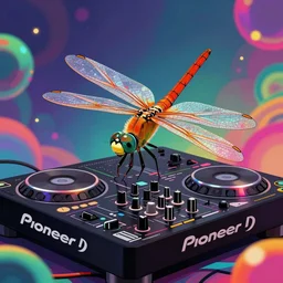 a dragonfly on a pioneer DJM by kentaro miura, rave, psycodelic, HD, trending on art station