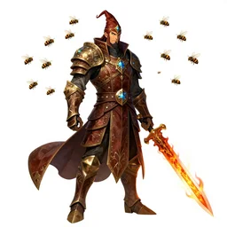 wizard with a swarm of bees, dungeons and dragons, pathfinder, roleplaying game art, hunters gear, flaming sword, jeweled ornate leather armour, concept art, character design on white background, by studio ghibli, makoto shinkai, kim jung giu, poster art, game art
