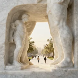 the inside of a stone marble sculpture monument by tim blandin and arthur haas and bruce pennington and john schoenherr, architecture by zaha hadid, octane render, warm colour scheme, white, cinematic, scenery, high detail, high quality, close up angle, people walking