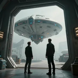 a cinematic wide - angle photograph of a cyber tech mutant inside of a mothership looking out of a large opening doorway, beautiful lighting, high depth, ultra realistic, artistic, by john harris and zack snyder