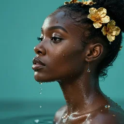 hyperrealistic precisionist cinematic profile very expressive! black oshun goddess, in water! up to shoulders, mirror dripping droplet!, gold flowers, highly detailed face, digital art masterpiece, smooth eric zener cam de leon, dramatic pearlescent turquoise light on one side, macro low angle uhd 8 k, tilt shift