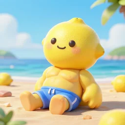 a supercute lemon cartoon character, that is fit and muscular, it's is relaxing on a beach, inspired by dalle - 2, octane render, 3 d, volumetric lightening
