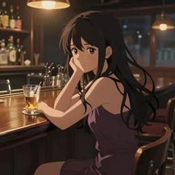 a beautiful girl with long dark hair, sitting alone at a bar, night time, intricate, highly detailed, digital painting, artstation, official media, anime key visual, concept art, rich vivid colors, ambient lighting, sharp focus, illustration, art by Artgerm, Makoto Shinkai, Ilya Kuvshinov, Lois Van Baarle, and Rossdraws