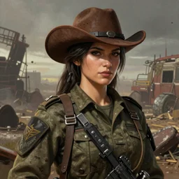 A comic book style portrait painting of a female soldier wearing cowboy hat in a post apocalyptic setting, unreal 5, DAZ, hyperrealistic, octane render, RPG portrait, dynamic lighting