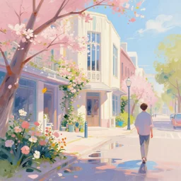 digital art, strong emotional impact, bold pastel colors, spring day, expressive brushstrokes, puddles, an art deco streetscape lined with beautiful flowers, by liam wong and tyler edlin, trending on artstation