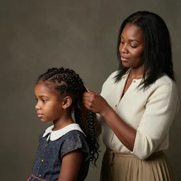 beautiful portrait of a black mom braiding her black daughter's hair by franz xaver winterhalter, wearing contemporary clothing