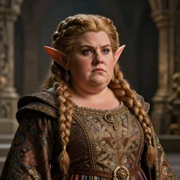 Portrait | chubby female dwarf noblewoman | elaborated brocade dress | beautiful elaborated braided hair | style by Larry elmore | dramatic light | high detail | cinematic lighting | artstation | Regal and Proud robust woman| bold serious expression | dungeons and dragons | dwarven halls |