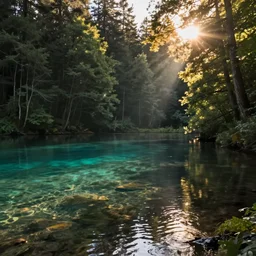 a lake with clear water in a beautiful forest at sunset, backlighted, artstation