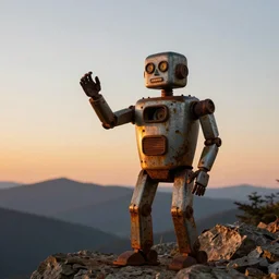 Photo of a rusty robot enjoying the sunset on the Blue Ridge mountains, golden hour, Sigma 85mm f/8