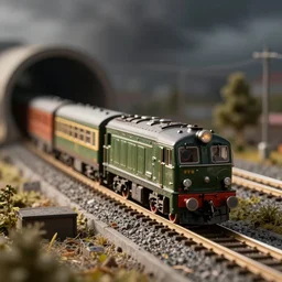 A model train on a model railway in a storm sewer, macro photography