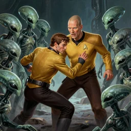 Jean Luc Picard killing a bunch of alien species from Star Trek, highly detailed, digital painting, artstation, concept art, smooth, sharp focus, illustration by Artgerm and Greg Rutkowski and Tom Bagshaw