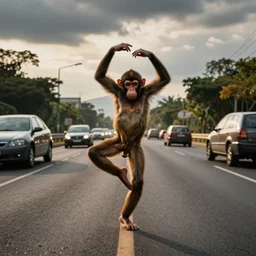 un mono bailando salsa en la carretera pasando los coches alrededor